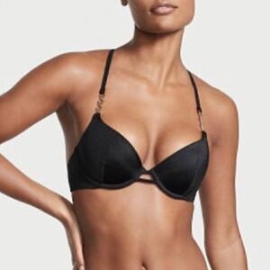 Victorias Secret Swim Push Up Padded Racerback Bikini Chain Link Black Size 36D
